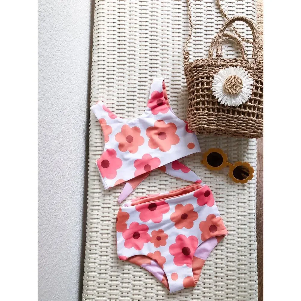 2pc Reversible Boho Floral + Heart Print Swimsuit Set 4T